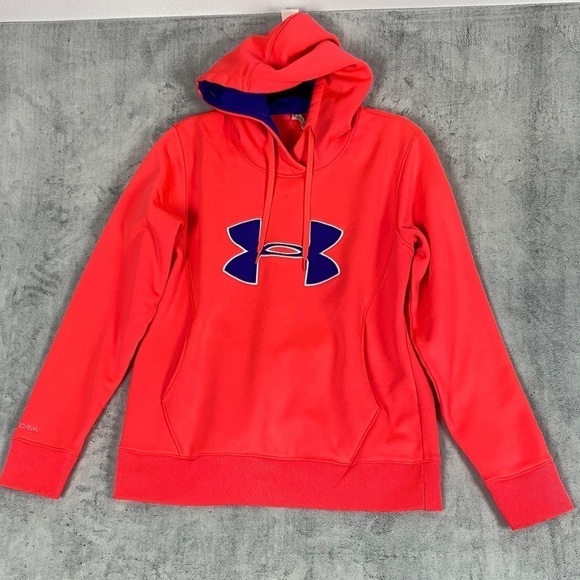 Under Armour Cold Gear Pullover Hoodie Semi Fitted Sz Large Orange with Pocket - Picture 1 of 13